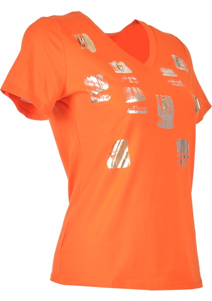 Bisiklet Yaka Baskılı Kısa Kollu Oranj Kadın T-Shirt 2243102