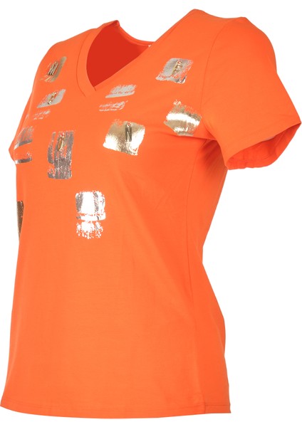 Bisiklet Yaka Baskılı Kısa Kollu Oranj Kadın T-Shirt 2243102