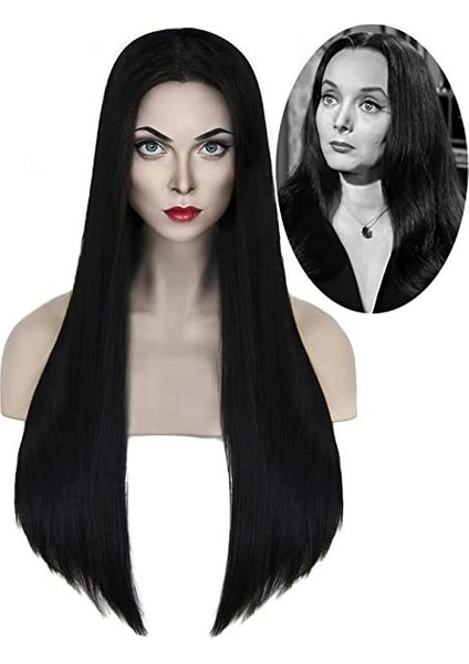 Adams Ailesi Anne Addams Siyah Orta Uzunlukta Düz Saç Cadılar Bayramı Çünkü Peruk Anime Peruk (Yurt Dışından)