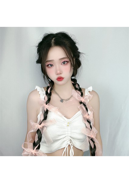 Fabrika Yeni Peruk Kadın Iplik Şerit Yay Örgülü Saç Üç Telli Örgü Yüksek Sıcaklık Fiber Mekanizması Çift At Kuyruğu Tek Parça Dropshipping (Yurt Dışından) fiyatları