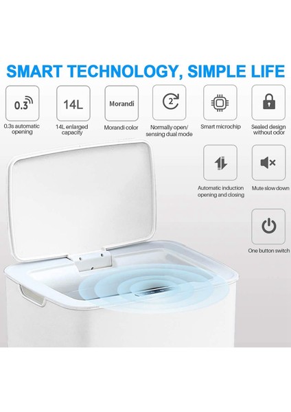 Sensörlü Çöp Kovası, Mutfak Temassız Çöp Kovası Kapaklı, Banyo Odası USB Şarjlı Akıllı Çöp Kutusu Çöp Kutusu Beyaz 14L (Yurt Dışından)