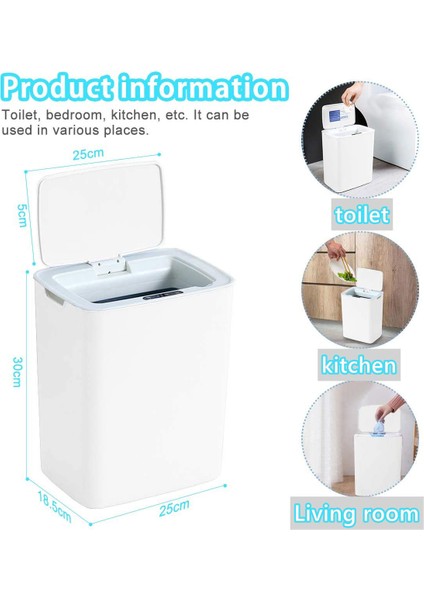 Sensörlü Çöp Kovası, Mutfak Temassız Çöp Kovası Kapaklı, Banyo Odası USB Şarjlı Akıllı Çöp Kutusu Çöp Kutusu Beyaz 14L (Yurt Dışından)
