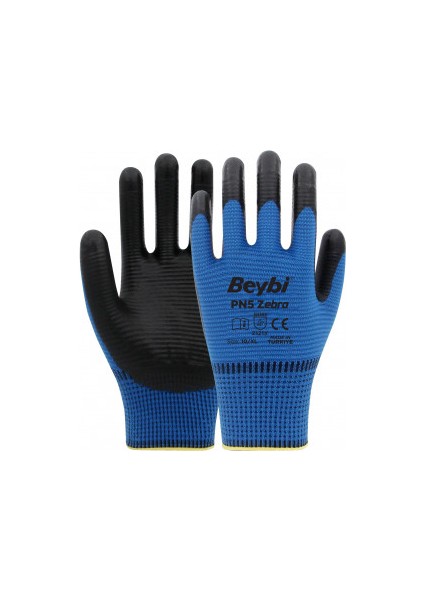 Pn5 Zebra Mavi Polyester Örme Nitril Eldiven No:10 12 Çift