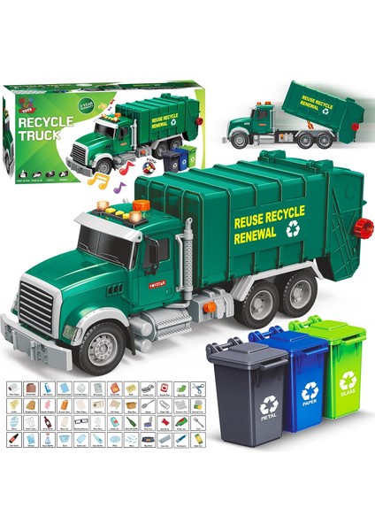 Çöp Kamyonu Oyuncak - Erkek Çocuklar Için 3 Çöp Kutusu + 48 Flash Kartlı Geri Dönüşüm Kamyonu - It ve Git, Işıklar ve Sesler - 3 4 5 6 7 8 Yaşındaki Erkek Çocuklar Için Hareketli P (Yurt Dışından)