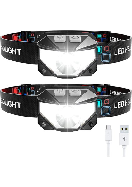 Kafa Işık Lambası, 2'li Kafa Işık Lambası Dış Mekan LED Şarj Edilebilir, 1100 Lümen Süper Parlak Beyaz Kırmızı Işık El Fenerleri (Yurt Dışından)