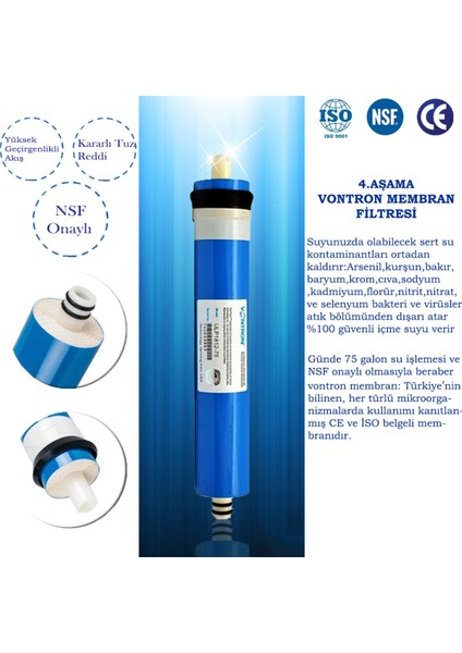 Açık Kasa Su Arıtma Cihazı Filtre 6 Aşamalı Filtre Seti (Nsf Onaylı Vontron Membranlı)