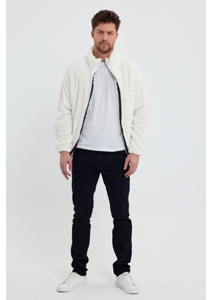 Beyaz Erkek Hırkası, Fermuarlı Hırka, Peluş Hırka, Oversize Hırka