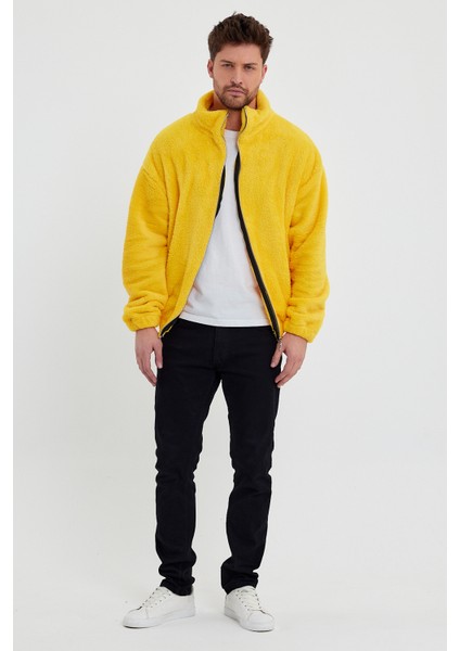 Sarı Erkek Hırkası, Fermuarlı Hırka, Peluş Hırka, Oversize Hırka