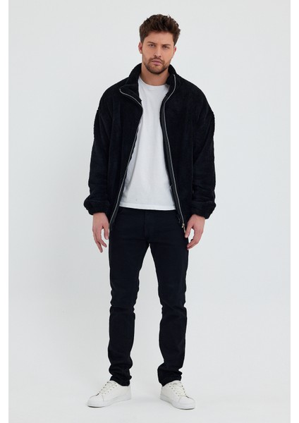 Siyah Erkek Hırkası, Fermuarlı Hırka, Peluş Hırka, Oversize Hırka