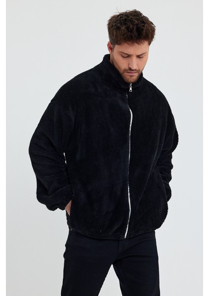 Siyah Erkek Hırkası, Fermuarlı Hırka, Peluş Hırka, Oversize Hırka modelleri