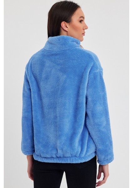 Mavi Kadın Hırkası, Fermuarlı Hırka, Oversize Hırka, Peluş Hırka