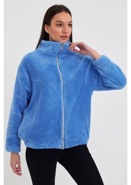 Mavi Kadın Hırkası, Fermuarlı Hırka, Oversize Hırka, Peluş Hırka