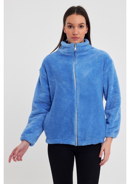 Mavi Kadın Hırkası, Fermuarlı Hırka, Oversize Hırka, Peluş Hırka