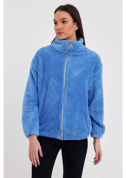 Mavi Kadın Hırkası, Fermuarlı Hırka, Oversize Hırka, Peluş Hırka