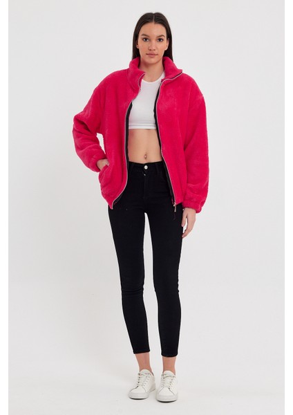 Fuşya Kadın Hırkası, Fermuarlı Hırka, Oversize Hırka, Peluş Hırka