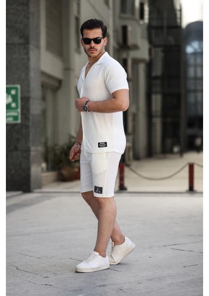Ince Çizgili Erkek Gömlek ve Şort Takım Beyaz