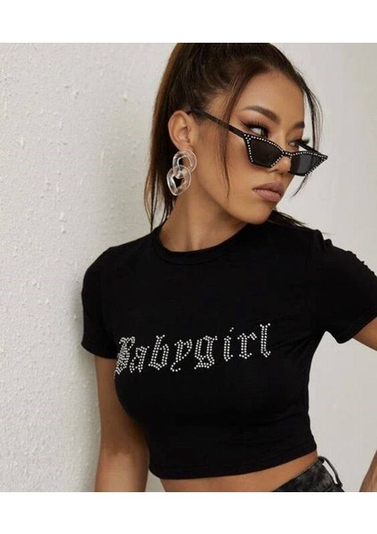 Hoodie Outdoor Gothic Taş Işleme Stone Babygirl Siyah Crop