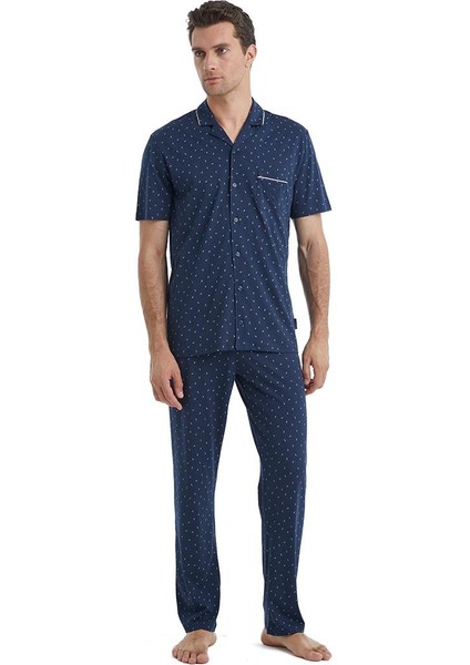 Erkek Kısa Kol Gömlek Yaka Önden Düğmeli Lacivert Pijama Takımı C1T6N4O04