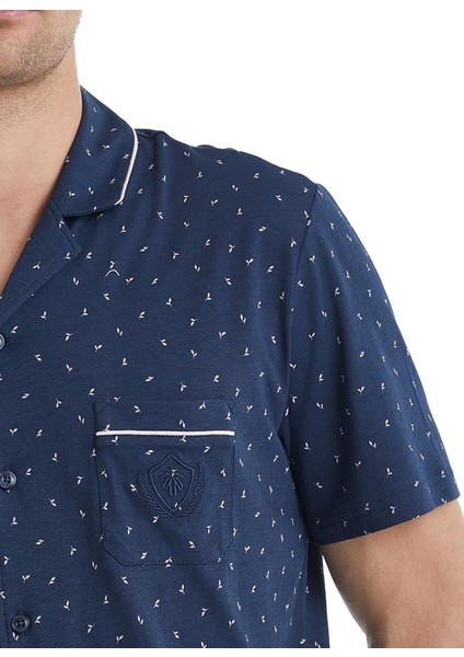 Erkek Kısa Kol Gömlek Yaka Önden Düğmeli Lacivert Pijama Takımı C1T6N4O04