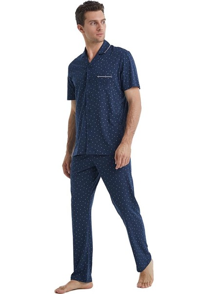 Erkek Kısa Kol Gömlek Yaka Önden Düğmeli Lacivert Pijama Takımı C1T6N4O04