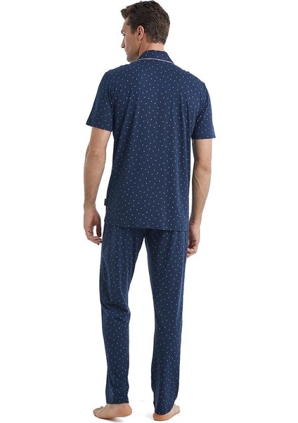 Erkek Kısa Kol Gömlek Yaka Önden Düğmeli Lacivert Pijama Takımı C1T6N4O04