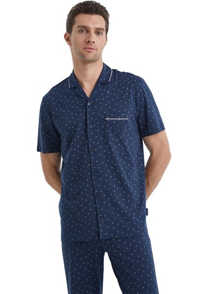 Erkek Kısa Kol Gömlek Yaka Önden Düğmeli Lacivert Pijama Takımı C1T6N4O04