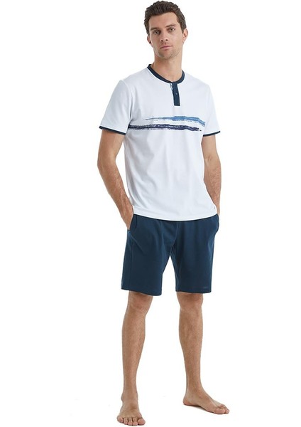 Erkek Kısa Kol Şortlu Beyaz Pijama Takımı C6T9N4O04