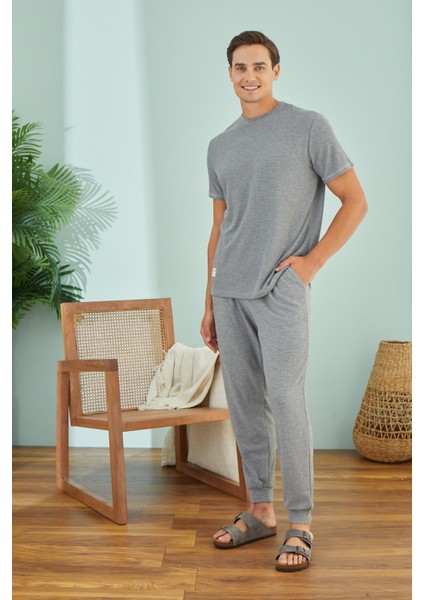 Erkek Kısa Kol Gri Melanj Pijama Takım C1T6N49