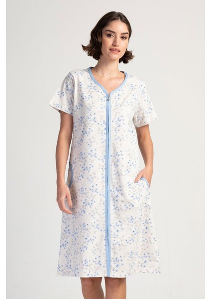 Kadın Kısa Kol Ekru Fermuarlı Ev Elbisesi C2T8N3113