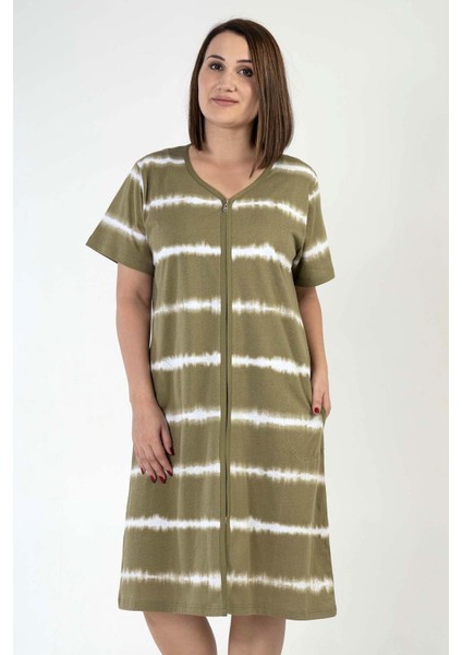Kadın Büyük Beden Kısa Kol Haki Fermuarlı Ev Elbisesi C8T6N0012