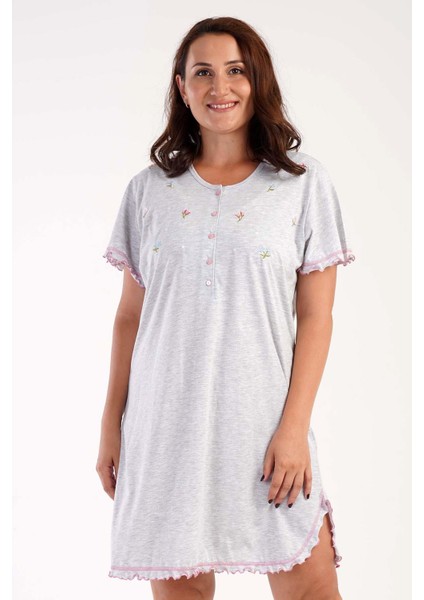 Kadın Büyük Beden Kısa Kol Gri Melanj Gecelik C2T0N1503