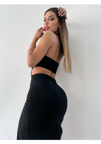 Siyah Bel Dekolteli Toka Detaylı Maksi Elbise fiyatları