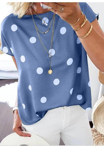 Rengastyle Kadın Puantiyeli Moskrep Kumaş Basic Bluz (Renkli)