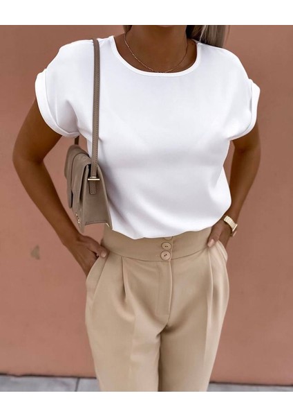 Rengastyle Kadın Bisiklet Yaka Sandy Kumaş Bluz (Renkli)