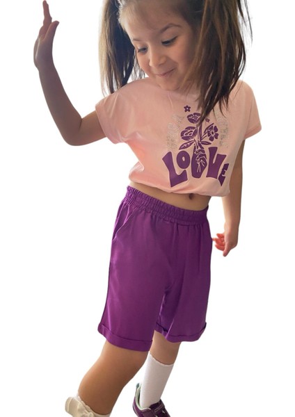 Mor Love Baskılı Crop Şortlu Lastikli Ikili Takım