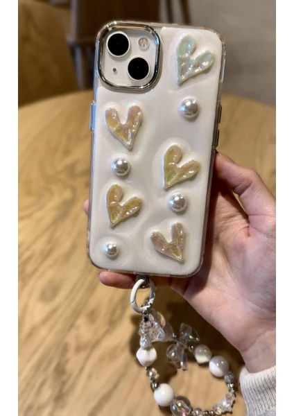 Paladyum Case iPhone 15 Plus Uyumlu Lux Işıltılı Inci Charmlı Kalpli Kılıf