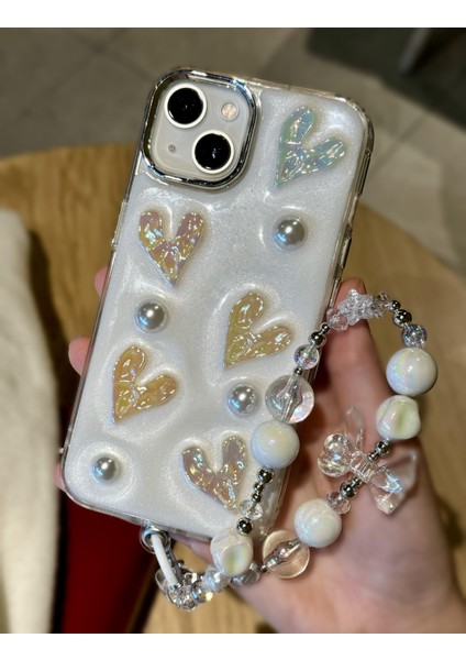 iPhone 14 Plus Uyumlu Lux Işıltılı Inci Charmlı Kalpli Kılıf