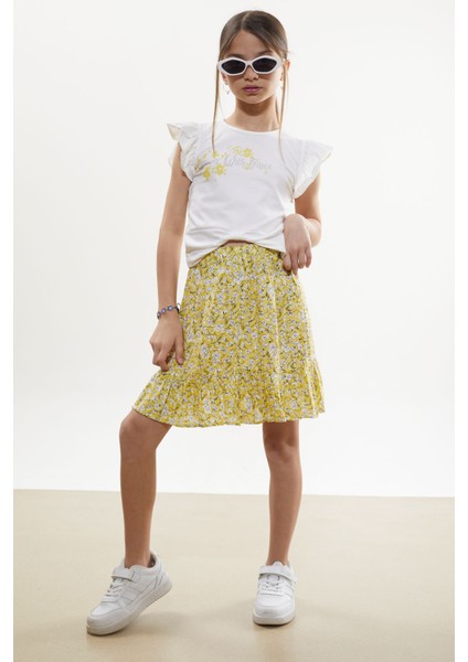 Sarı Çiçek Desenli Etekli Baskılı Tişörtlü Kız Çocuk Takım 18503