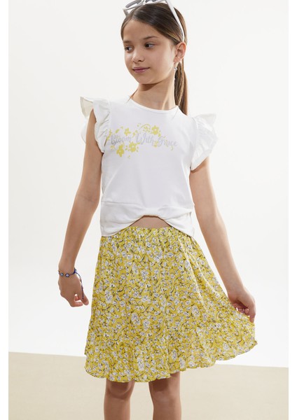 Sarı Çiçek Desenli Etekli Baskılı Tişörtlü Kız Çocuk Takım 18503 fiyatları
