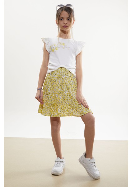 Sarı Çiçek Desenli Etekli Baskılı Tişörtlü Kız Çocuk Takım 18503 modelleri