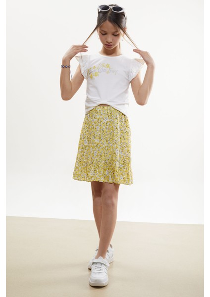 Sarı Çiçek Desenli Etekli Baskılı Tişörtlü Kız Çocuk Takım 18503 fırsatları