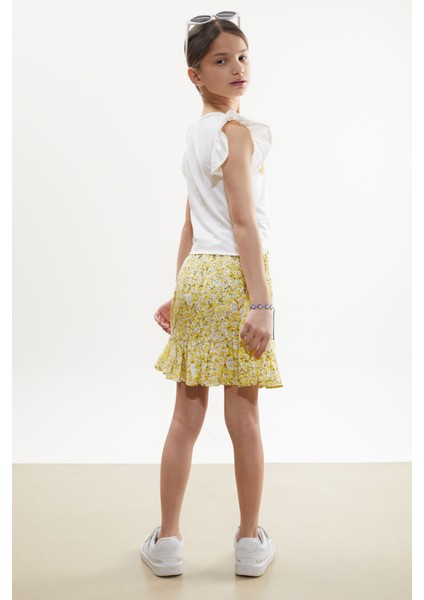 Sarı Çiçek Desenli Etekli Baskılı Tişörtlü Kız Çocuk Takım 18503 indirimleri