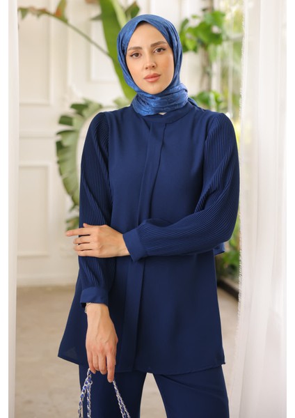 Lacivert Kol Piliseli Tunik Pantolon Takım modelleri