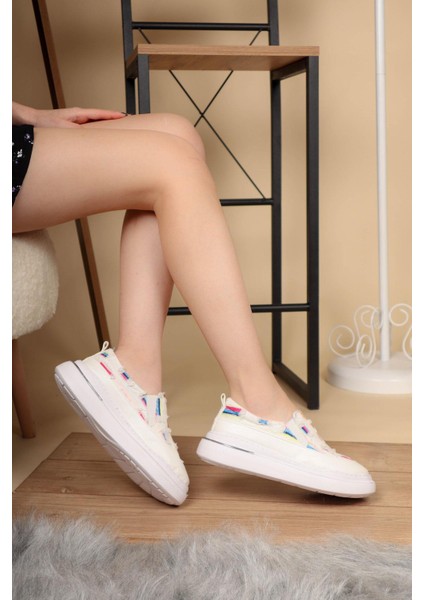Renk Detaylı Kot Sneakers Beyaz modelleri