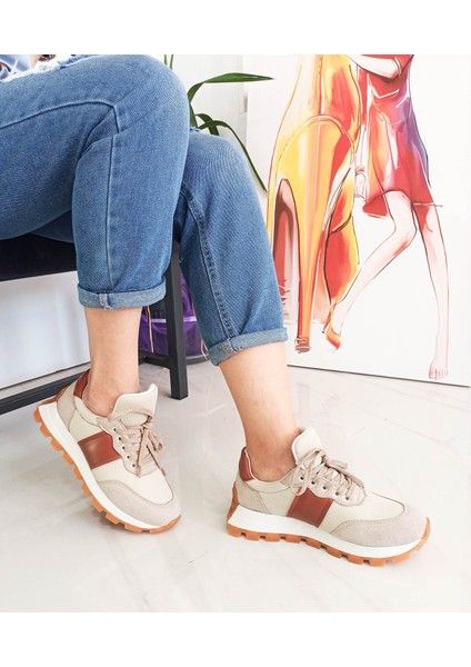 Bej-Taba Renk Bağcıklı Düz Taban Kadın Sneakers