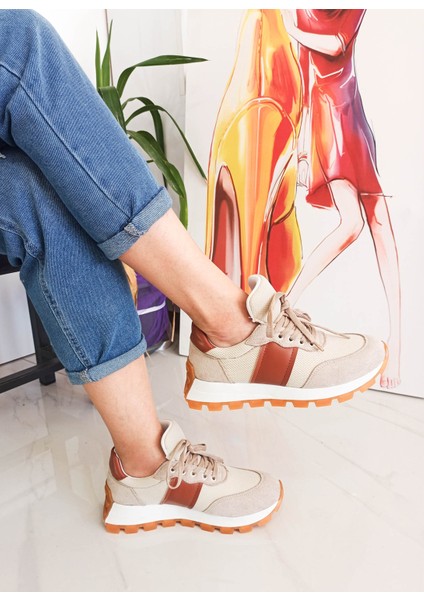Bej-Taba Renk Bağcıklı Düz Taban Kadın Sneakers fiyatları