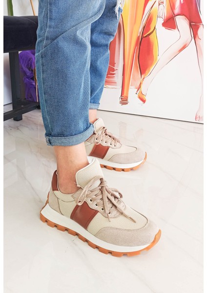 Bej-Taba Renk Bağcıklı Düz Taban Kadın Sneakers modelleri