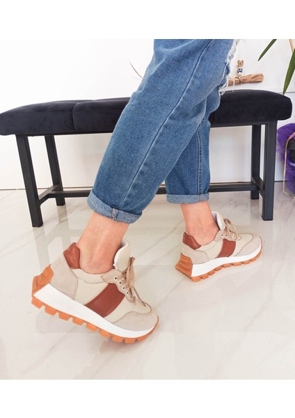 Bej-Taba Renk Bağcıklı Düz Taban Kadın Sneakers indirimleri