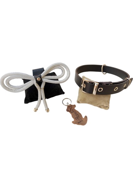 Köpek boyun tasması deri siyah gümüş papyonlu genişlik:2,5cm kalınlık:4mm boyun ölçüsü:36-45cm ayarlanabilir dog collar T1-24L