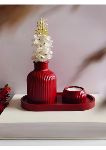 Vazo Seti Pampas Vazo Mumluk Dekoratif Tabak Biblo Seti 3 Parça Kırmızı Renk.